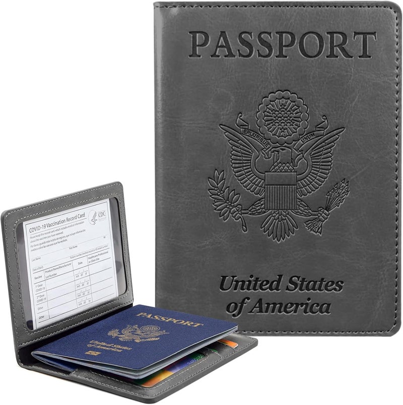 KAOBAN Passport Holder Cover Wallet Case RFID Blocking Leather Card Slot Travel Accessories Documents Organizer Protector for Women Men, Dark Gray - Image 1